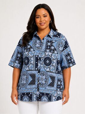 Tommy Hilfiger Camp Shirt Paisley Patchwork Cotton Button Front Blue 3X NEW